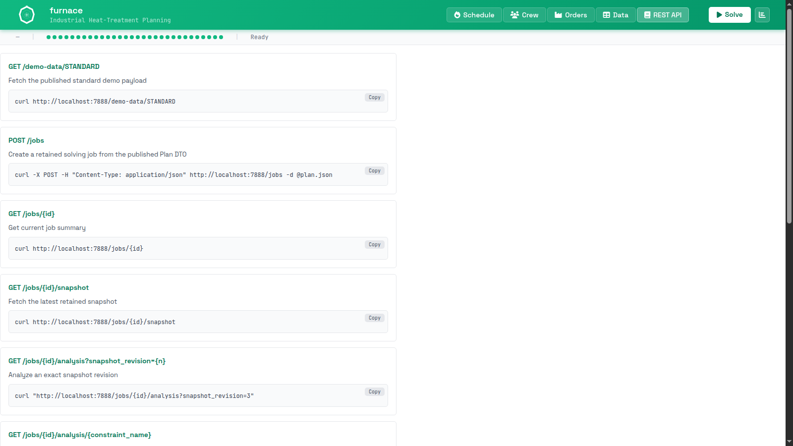 SolverForge Furnace REST API tab showing retained-job endpoints for demo data, solve creation, job status, snapshots, and analysis.
