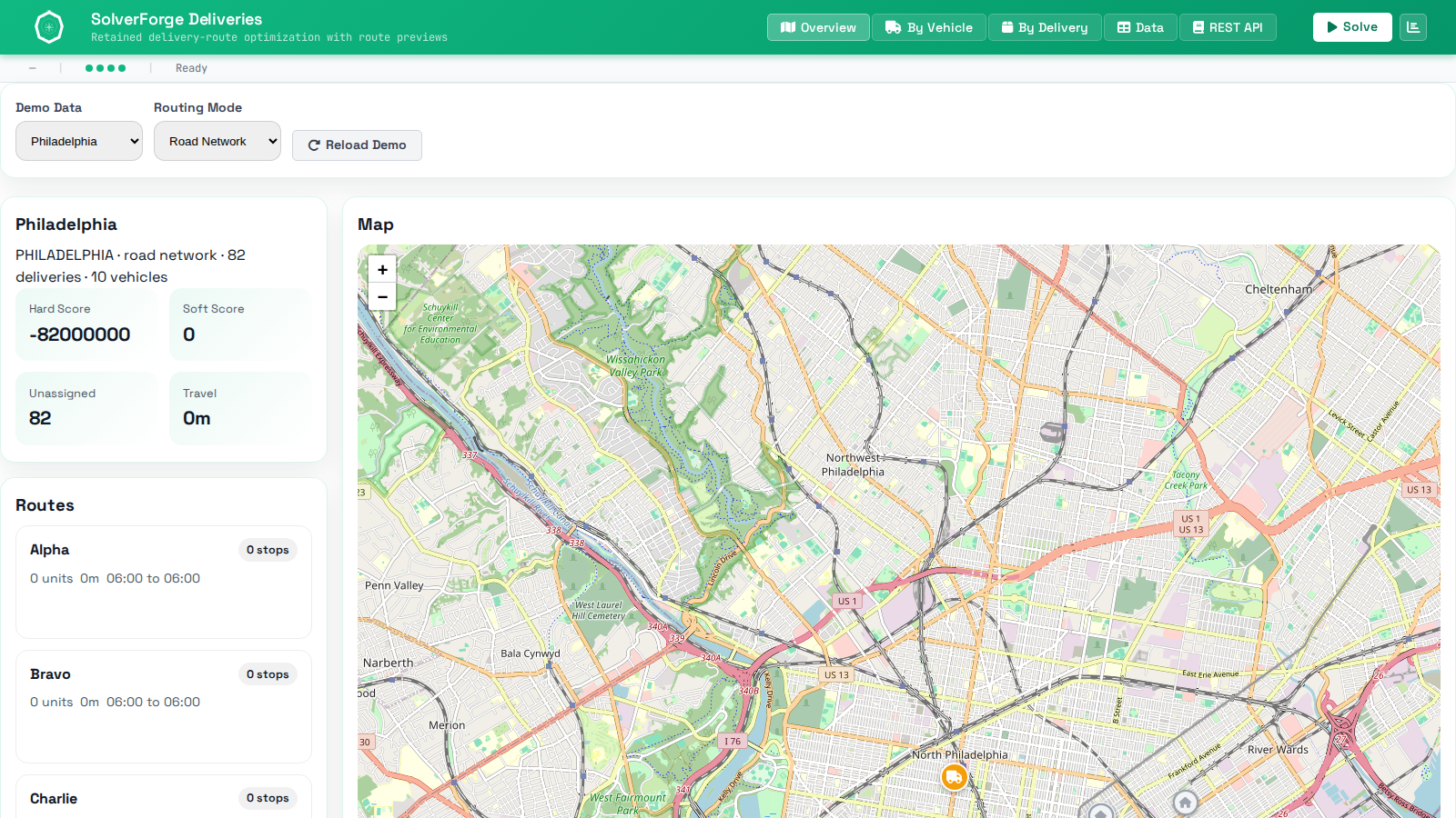 SolverForge Deliveries runtime placeholder showing the route map, route list, and retained-job controls.