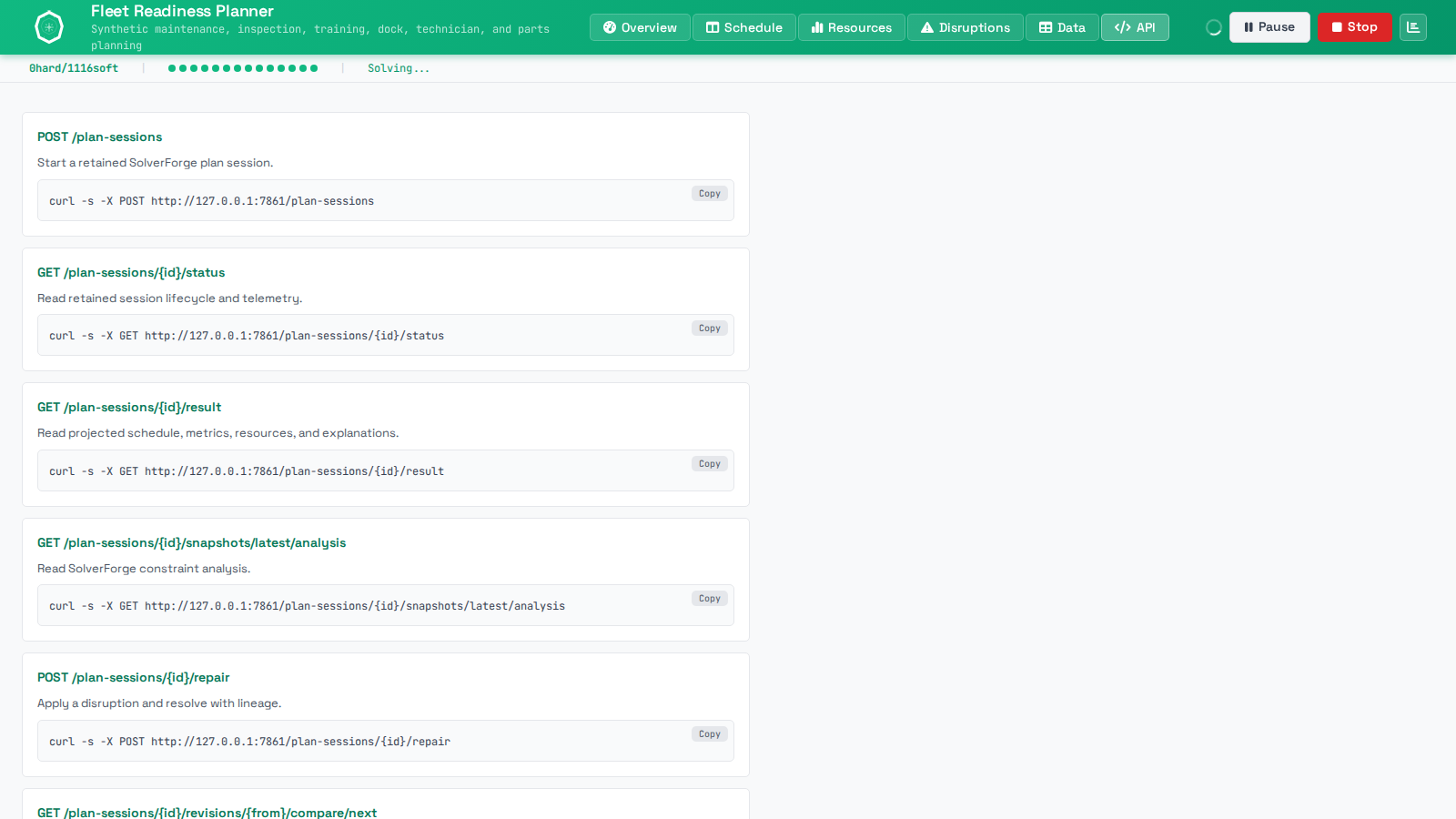 SolverForge Fleet API analysis showing endpoints and retained-job integration surface.