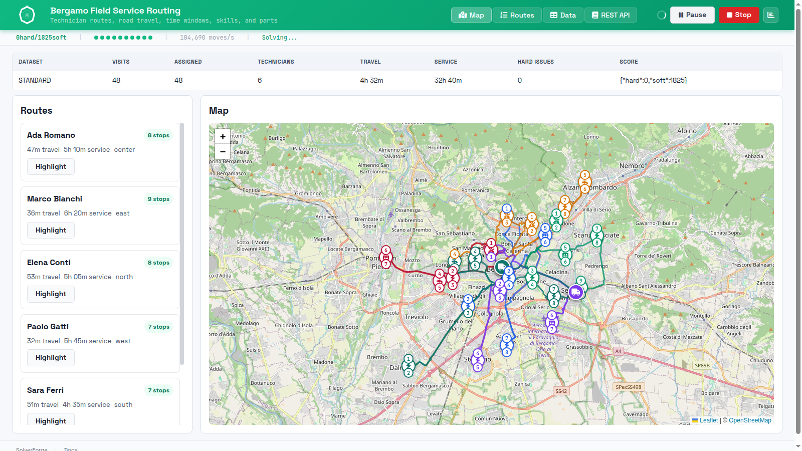 SolverForge Field Service Routing runtime placeholder showing route cards, map geometry, status bar, and retained-job controls.