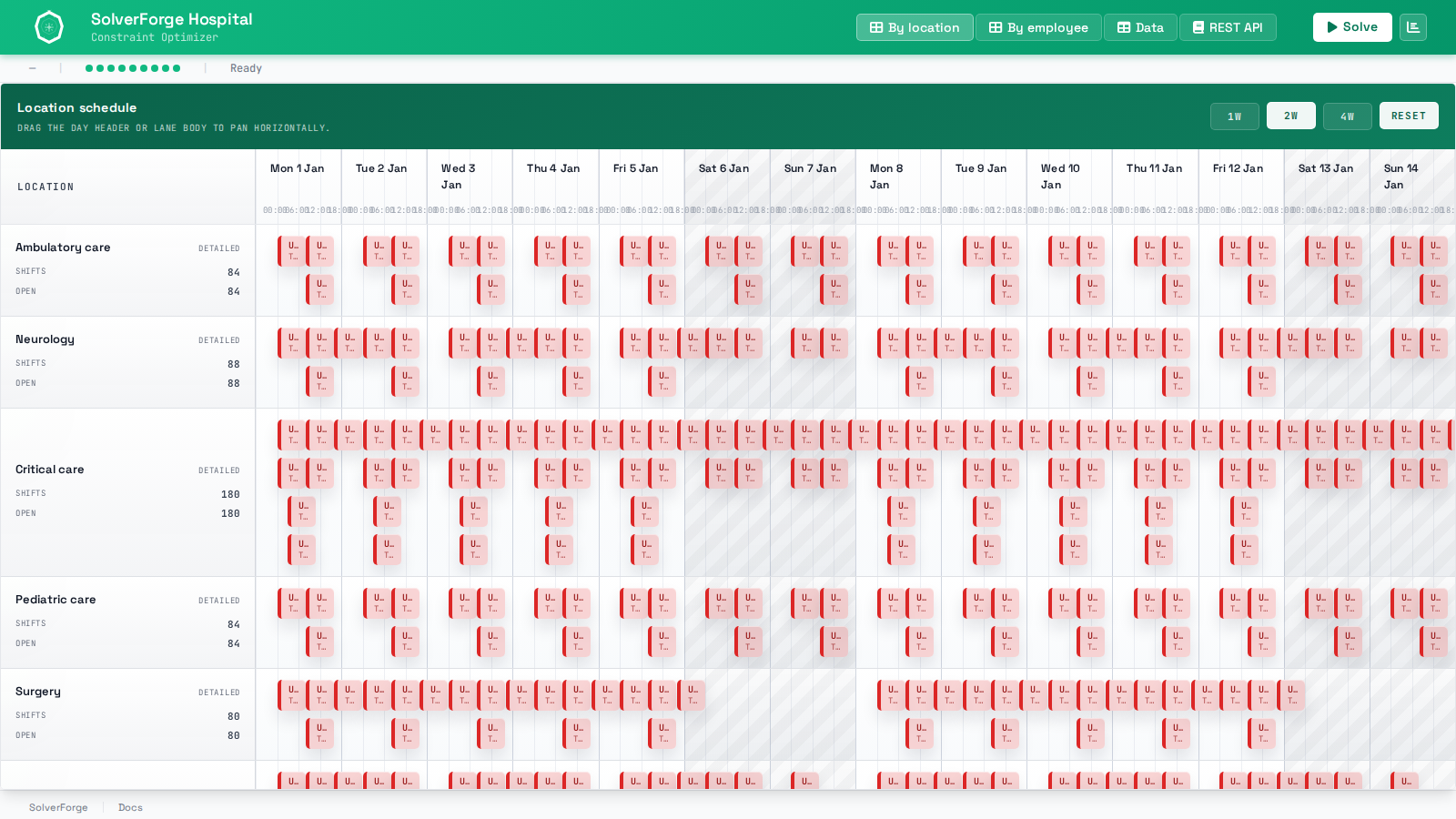 SolverForge Hospital runtime placeholder showing the location schedule and retained-job controls.