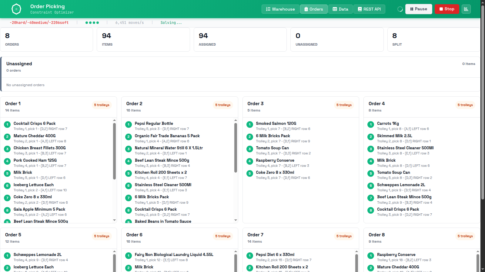 SolverForge Order Picking order review tab showing assignment metrics and order cards with trolley assignments.