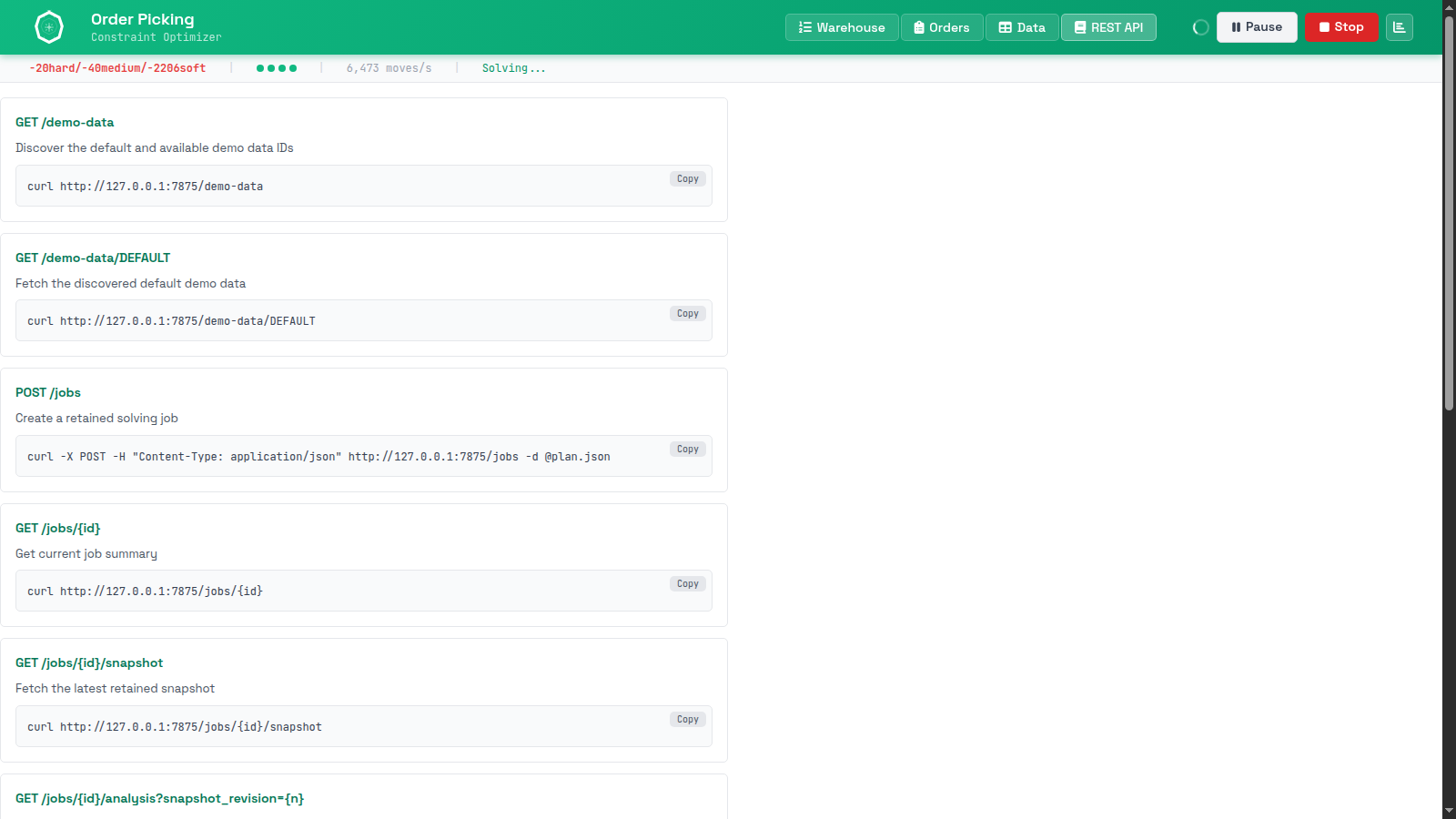 SolverForge Order Picking REST API tab showing retained-job endpoints for demo data, solve creation, status, snapshots, analysis, lifecycle actions, and events.