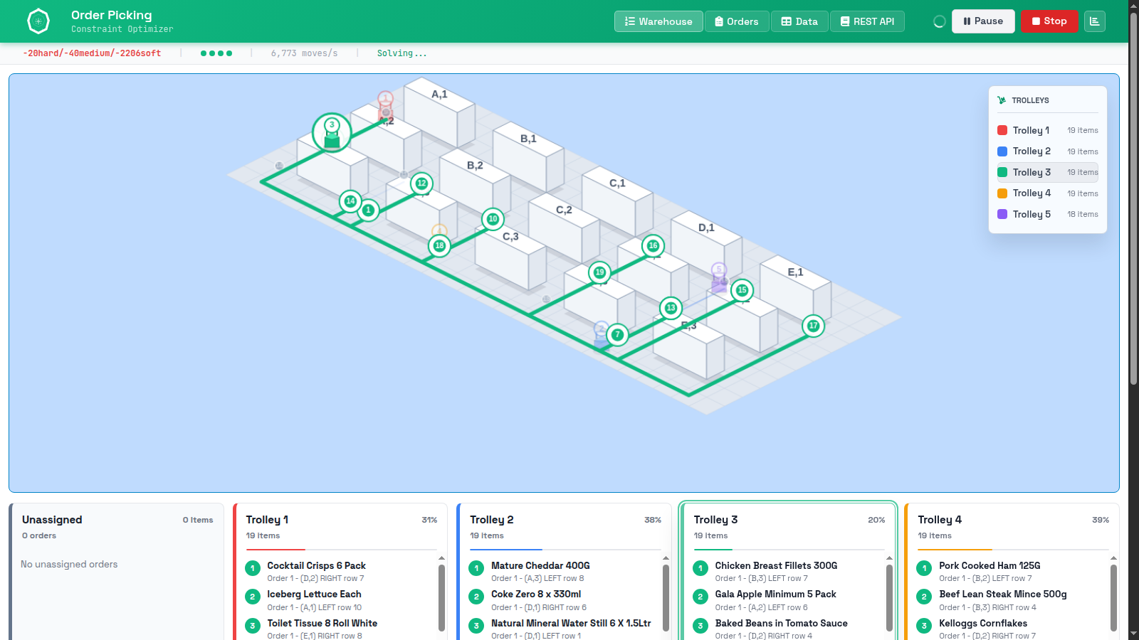 SolverForge Order Picking warehouse map with one trolley route selected and trolley load cards visible below the map.